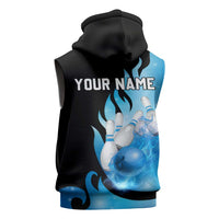 Blue Flame Bowling Ball and Pins Design Sleeveless Zip Hoodie with Smoke Effects and Custom Team Name Text - Wonder Print Shop