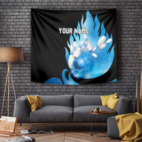 Blue Flame Bowling Ball and Pins Design Tapestry with Smoke Effects and Custom Team Name Text - Wonder Print Shop