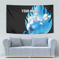 Blue Flame Bowling Ball and Pins Design Tapestry with Smoke Effects and Custom Team Name Text - Wonder Print Shop