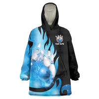 Blue Flame Bowling Ball and Pins Design Wearable Blanket Hoodie with Smoke Effects and Custom Team Name Text - Wonder Print Shop