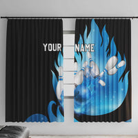 Blue Flame Bowling Ball and Pins Design Window Curtain with Smoke Effects and Custom Team Name Text - Wonder Print Shop