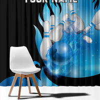 Blue Flame Bowling Ball and Pins Design Window Curtain with Smoke Effects and Custom Team Name Text - Wonder Print Shop