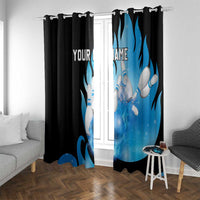 Blue Flame Bowling Ball and Pins Design Window Curtain with Smoke Effects and Custom Team Name Text - Wonder Print Shop