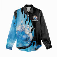 Blue Flame Bowling Ball and Pins Design Women Casual Shirt with Smoke Effects and Custom Team Name Text - Wonder Print Shop