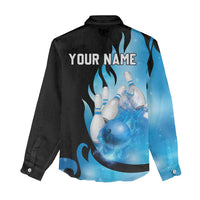Blue Flame Bowling Ball and Pins Design Women Casual Shirt with Smoke Effects and Custom Team Name Text - Wonder Print Shop