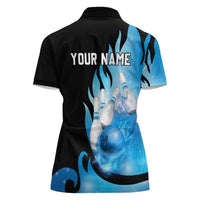 Blue Flame Bowling Ball and Pins Design Women Polo Shirt with Smoke Effects and Custom Team Name Text - Wonder Print Shop