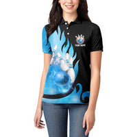 Blue Flame Bowling Ball and Pins Design Women Polo Shirt with Smoke Effects and Custom Team Name Text - Wonder Print Shop