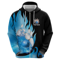 Blue Flame Bowling Ball and Pins Design Zip Hoodie with Smoke Effects and Custom Team Name Text - Wonder Print Shop