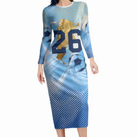 Argentina Football Land Of Champions Long Sleeve Bodycon Dress Halftone Dot Jaguar Mascot National Map