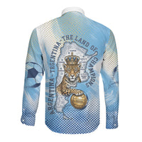 Argentina Football Land Of Champions Long Sleeve Button Shirt Halftone Dot Jaguar Mascot National Map
