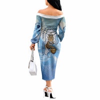 Argentina Football Land Of Champions Off The Shoulder Long Sleeve Dress Halftone Dot Jaguar Mascot National Map