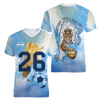 Argentina Football Land Of Champions Women V-Neck T-Shirt Halftone Dot Jaguar Mascot National Map