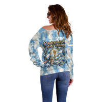 Argentina Football Campeones Del Mundo 2026 Off Shoulder Sweater Champions Soccer Flag Watercolor Paint Drips Trophy