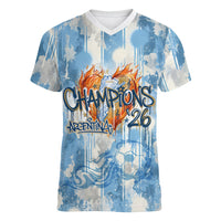 Argentina Football Campeones Del Mundo 2026 Women V-Neck T-Shirt Champions Soccer Flag Watercolor Paint Drips Trophy