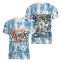 Argentina Football Campeones Del Mundo 2026 Women V-Neck T-Shirt Champions Soccer Flag Watercolor Paint Drips Trophy