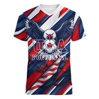 USA World Football Women V-Neck T-Shirt One Team One Goal - Patriotic Bald Eagle Mascot Soccer