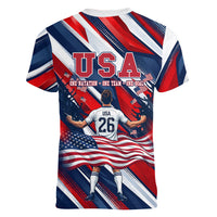 USA World Football Women V-Neck T-Shirt One Team One Goal - Patriotic Bald Eagle Mascot Soccer