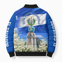El Salvador Torogoz Bird Bomber Puffer Jacket Divine Savior Monument Volcano Flor De Izote Art