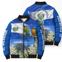 El Salvador Torogoz Bird Bomber Puffer Jacket Divine Savior Monument Volcano Flor De Izote Art
