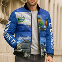 El Salvador Torogoz Bird Bomber Puffer Jacket Divine Savior Monument Volcano Flor De Izote Art
