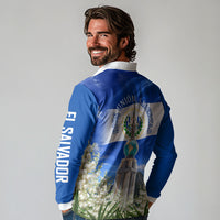 El Salvador Torogoz Bird Long Sleeve Polo Shirt Divine Savior Monument Volcano Flor De Izote Art