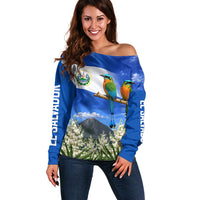 El Salvador Torogoz Bird Off Shoulder Sweater Divine Savior Monument Volcano Flor De Izote Art