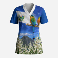 El Salvador Torogoz Bird Scrub Top Divine Savior Monument Volcano Flor De Izote Art