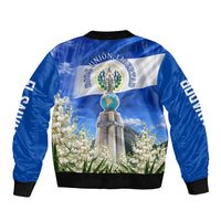 El Salvador Torogoz Bird Sleeve Zip Bomber Jacket Divine Savior Monument Volcano Flor De Izote Art