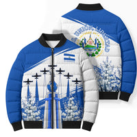 El Salvador Divine Savior Monument Bomber Puffer Jacket Flor De Izote Coat Of Arms Fighter Jets Art