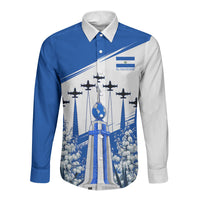 El Salvador Divine Savior Monument Long Sleeve Button Shirt Flor De Izote Coat Of Arms Fighter Jets Art