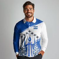 El Salvador Divine Savior Monument Long Sleeve Polo Shirt Flor De Izote Coat Of Arms Fighter Jets Art