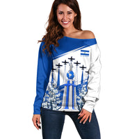 El Salvador Divine Savior Monument Off Shoulder Sweater Flor De Izote Coat Of Arms Fighter Jets Art