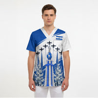 El Salvador Divine Savior Monument Scrub Top Flor De Izote Coat Of Arms Fighter Jets Art