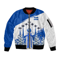 El Salvador Divine Savior Monument Sleeve Zip Bomber Jacket Flor De Izote Coat Of Arms Fighter Jets Art