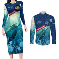 Montserrat Couples Matching Long Sleeve Bodycon Dress and Long Sleeve Button Shirt with Sea Turtle Illustration Blue Underwater Ocean Design - Wonder Print Shop