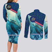 Montserrat Couples Matching Long Sleeve Bodycon Dress and Long Sleeve Button Shirt with Sea Turtle Illustration Blue Underwater Ocean Design - Wonder Print Shop