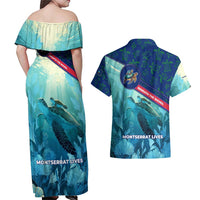 Montserrat Couples Matching Off Shoulder Maxi Dress and Hawaiian Shirt with Sea Turtle Illustration Blue Underwater Ocean Design - Wonder Print Shop