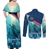 Montserrat Couples Matching Off Shoulder Maxi Dress and Long Sleeve Button Shirt with Sea Turtle Illustration Blue Underwater Ocean Design - Wonder Print Shop
