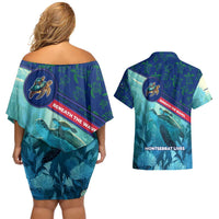 Montserrat Couples Matching Off Shoulder Short Dress and Hawaiian Shirt with Sea Turtle Illustration Blue Underwater Ocean Design - Wonder Print Shop