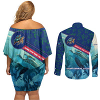 Montserrat Couples Matching Off Shoulder Short Dress and Long Sleeve Button Shirt with Sea Turtle Illustration Blue Underwater Ocean Design - Wonder Print Shop