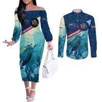 Montserrat Couples Matching Off The Shoulder Long Sleeve Dress and Long Sleeve Button Shirt with Sea Turtle Illustration Blue Underwater Ocean Design - Wonder Print Shop