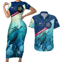 Montserrat Couples Matching Short Sleeve Bodycon Dress and Hawaiian Shirt with Sea Turtle Illustration Blue Underwater Ocean Design - Wonder Print Shop