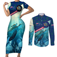 Montserrat Couples Matching Short Sleeve Bodycon Dress and Long Sleeve Button Shirt with Sea Turtle Illustration Blue Underwater Ocean Design - Wonder Print Shop