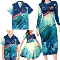 Montserrat Family Matching Long Sleeve Bodycon Dress and Hawaiian Shirt with Sea Turtle Illustration Blue Underwater Ocean Design - Wonder Print Shop