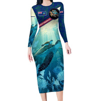Montserrat Family Matching Long Sleeve Bodycon Dress and Hawaiian Shirt with Sea Turtle Illustration Blue Underwater Ocean Design - Wonder Print Shop