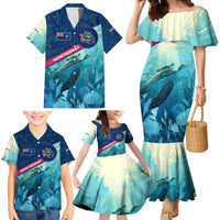 Montserrat Family Matching Mermaid Dress and Hawaiian Shirt with Sea Turtle Illustration Blue Underwater Ocean Design - Wonder Print Shop