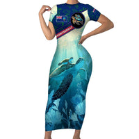 Montserrat Family Matching Short Sleeve Bodycon Dress and Hawaiian Shirt with Sea Turtle Illustration Blue Underwater Ocean Design - Wonder Print Shop