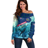 Montserrat Off Shoulder Sweater with Sea Turtle Illustration Blue Underwater Ocean Design - Wonder Print Shop