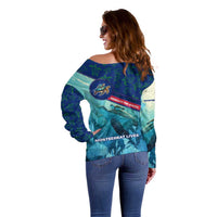 Montserrat Off Shoulder Sweater with Sea Turtle Illustration Blue Underwater Ocean Design - Wonder Print Shop