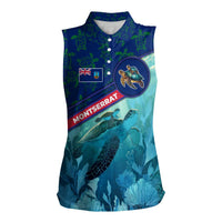 Montserrat Women Sleeveless Polo Shirt with Sea Turtle Illustration Blue Underwater Ocean Design - Wonder Print Shop